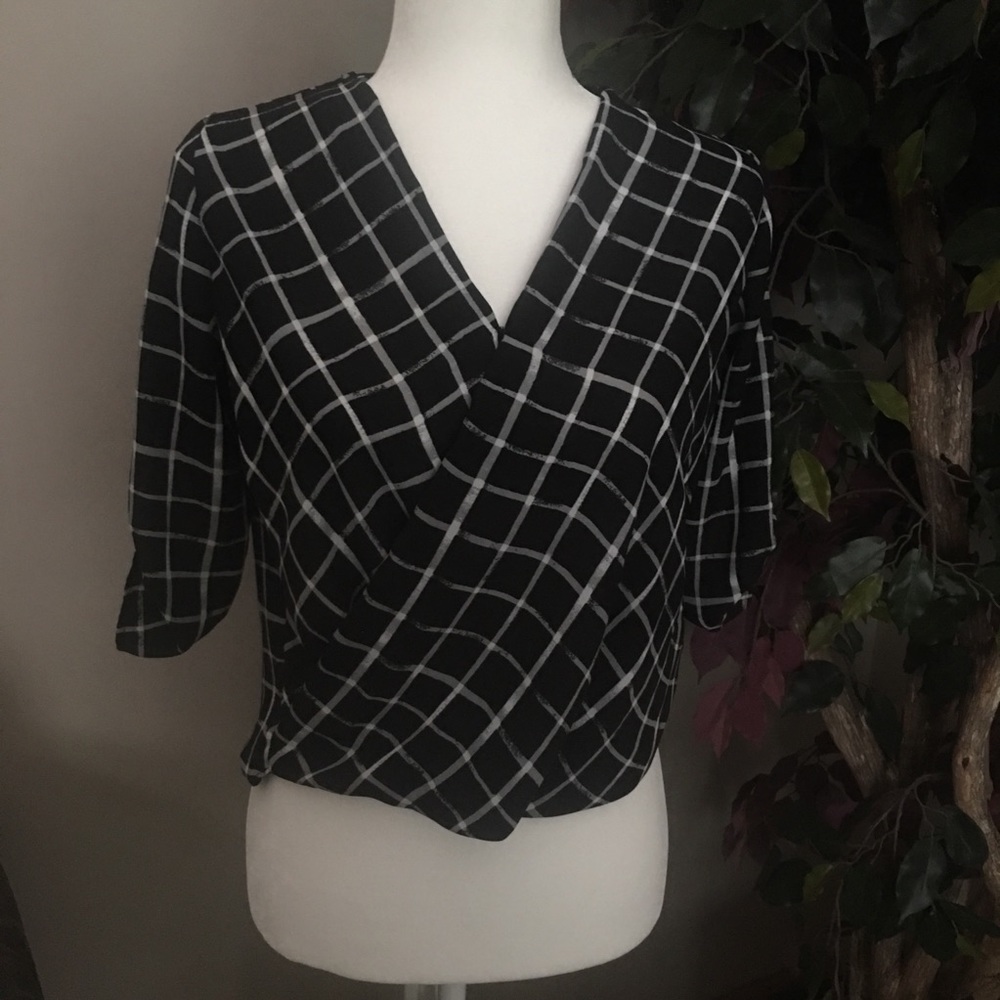 B C X Checkered wrap top